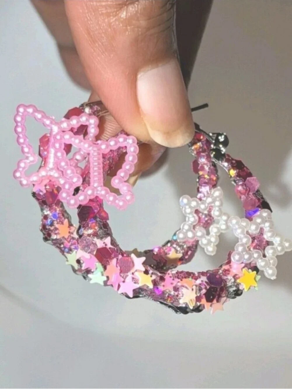 Handmade Pink Butterfly & Star Hoop Earrings - Pink Sparkle For Kids And Adults